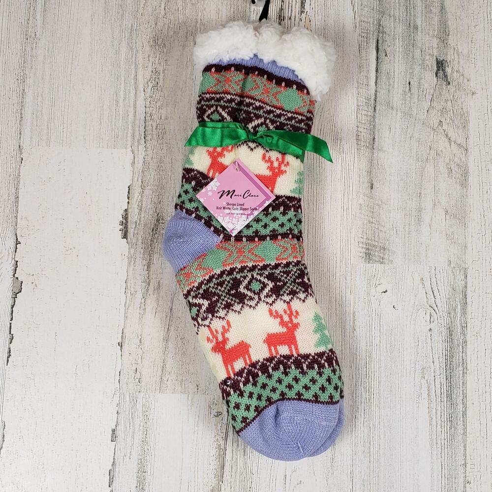 NWT Mari Clare Sherpa Lined Knit Winter Reindeer Design No-Slip Slipper Socks